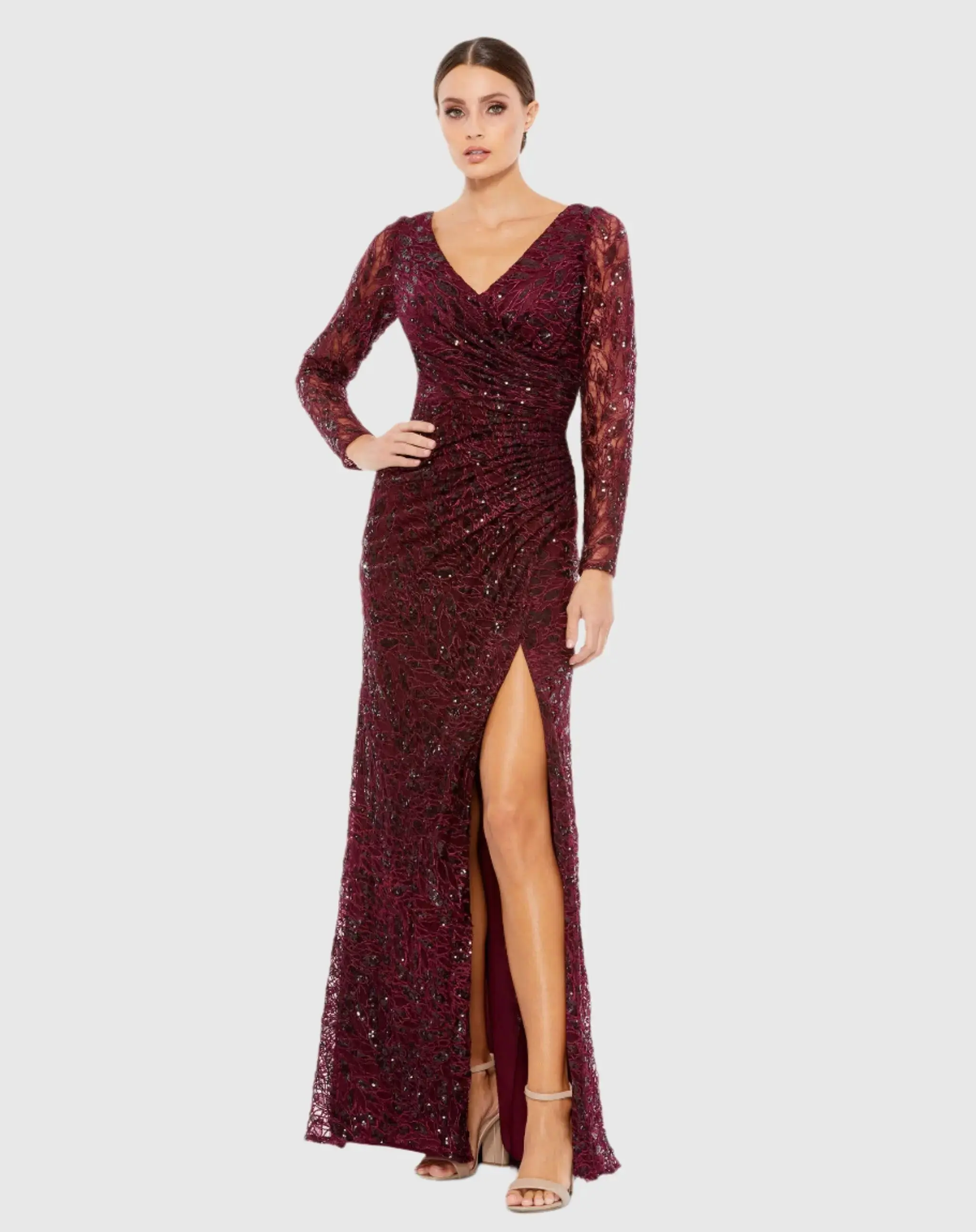 Long Sleeve Ruched Sequined V-Neck Gown - Image 2