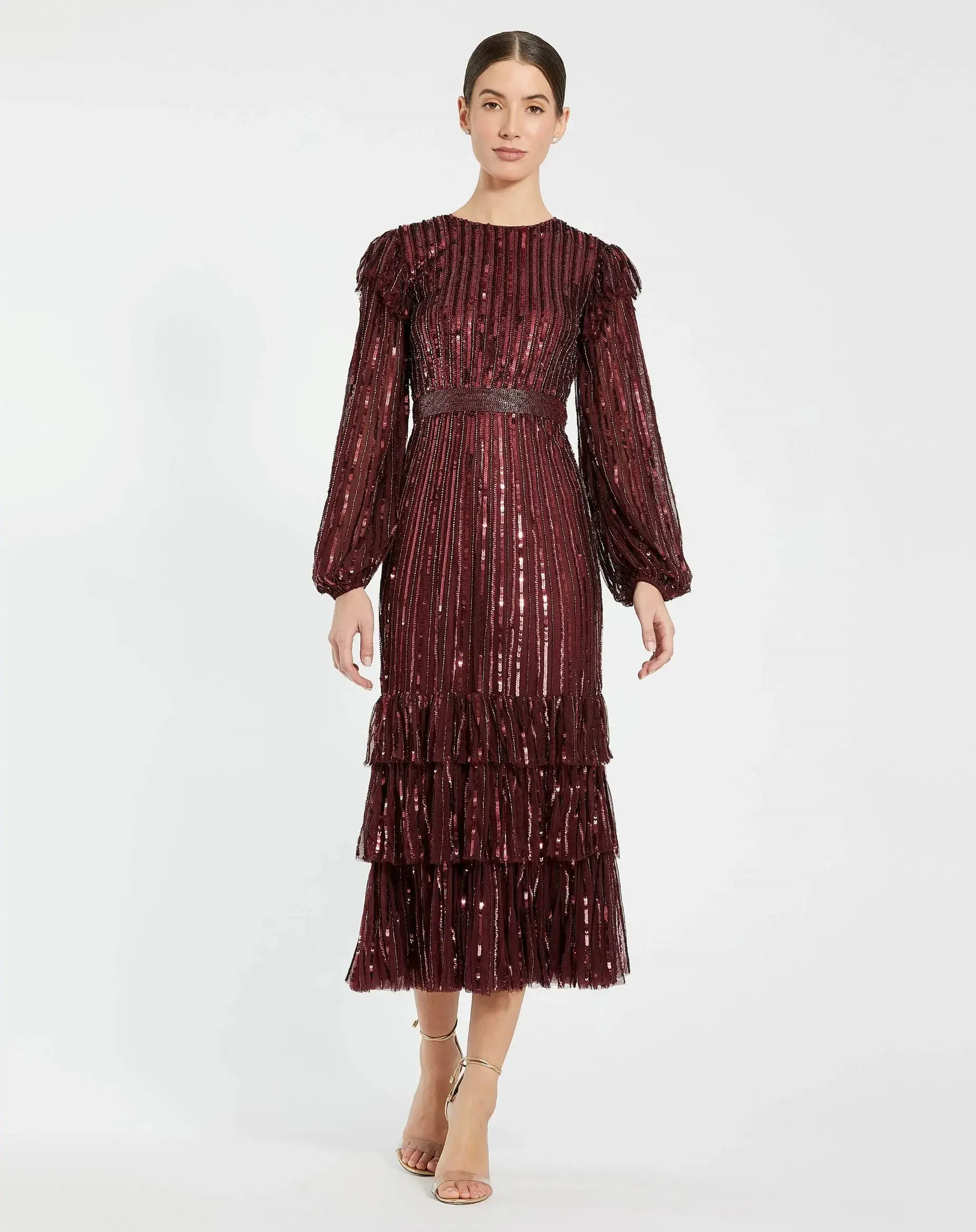 Long Sleeve Ruffle Detail Sequin Dress - Image 2