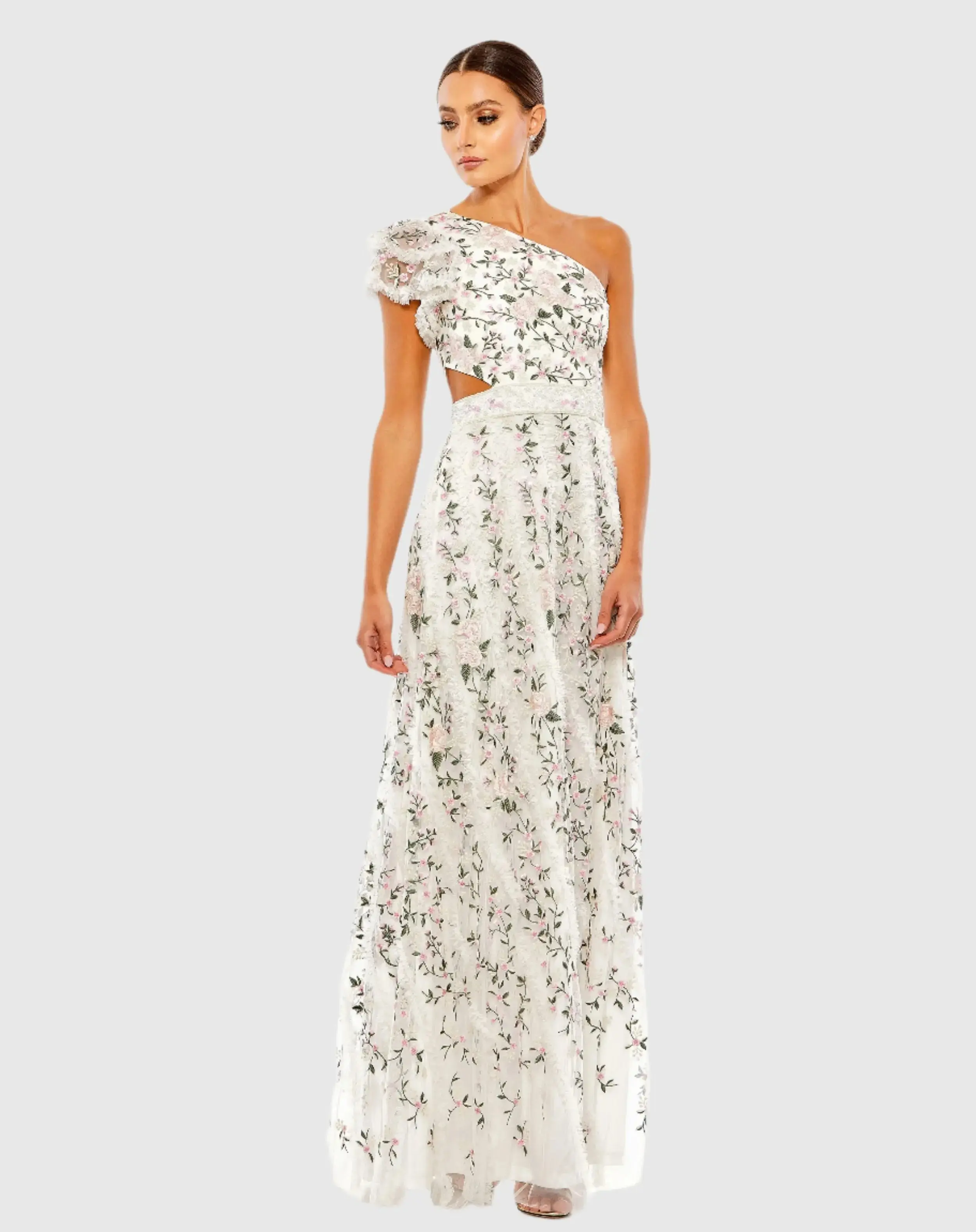 Multicolor Embroidered Ruffled One Shoulder Lace Up Gown - Image 2