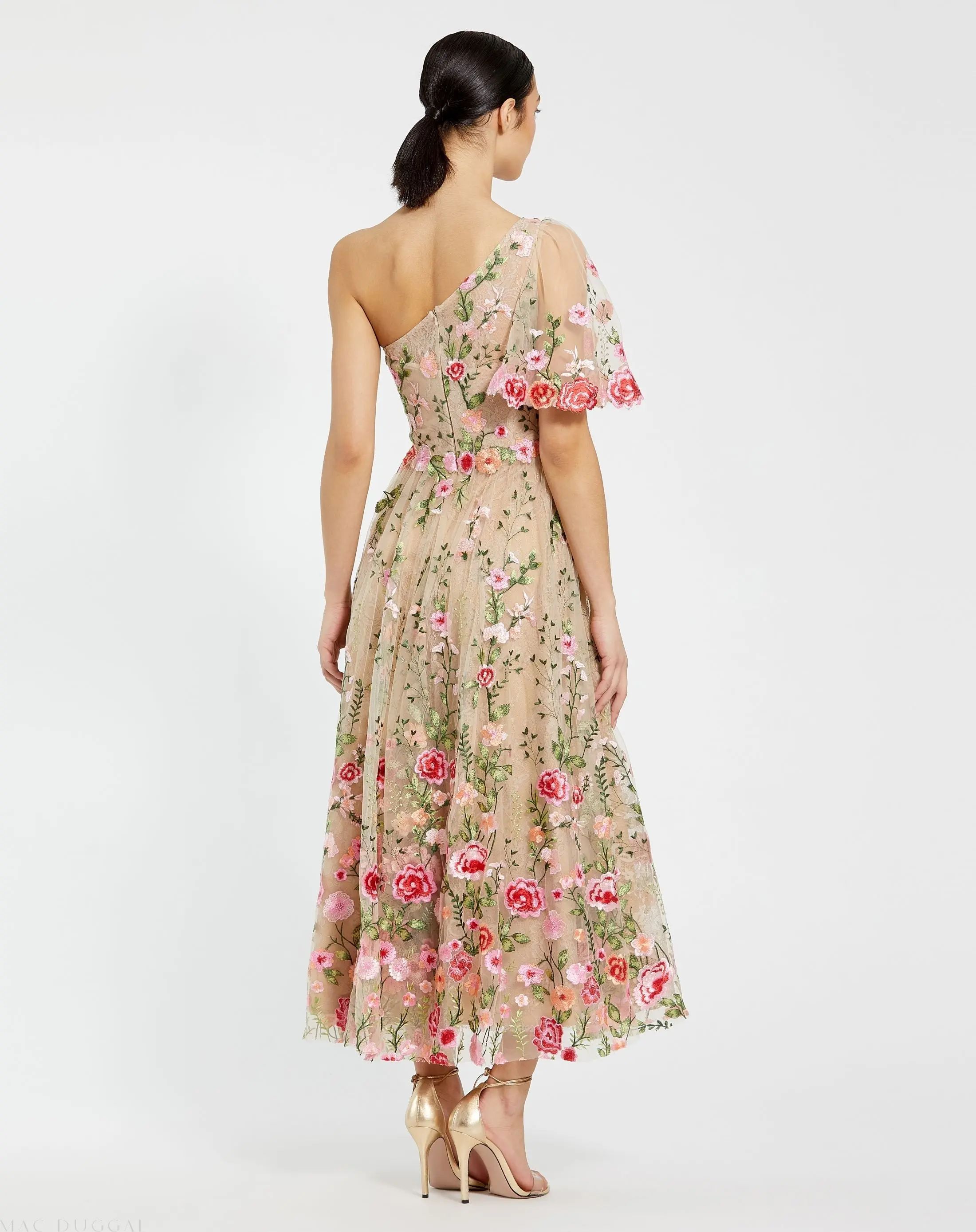 Pink One Shoulder Lace Embroidered Dress - Image 3
