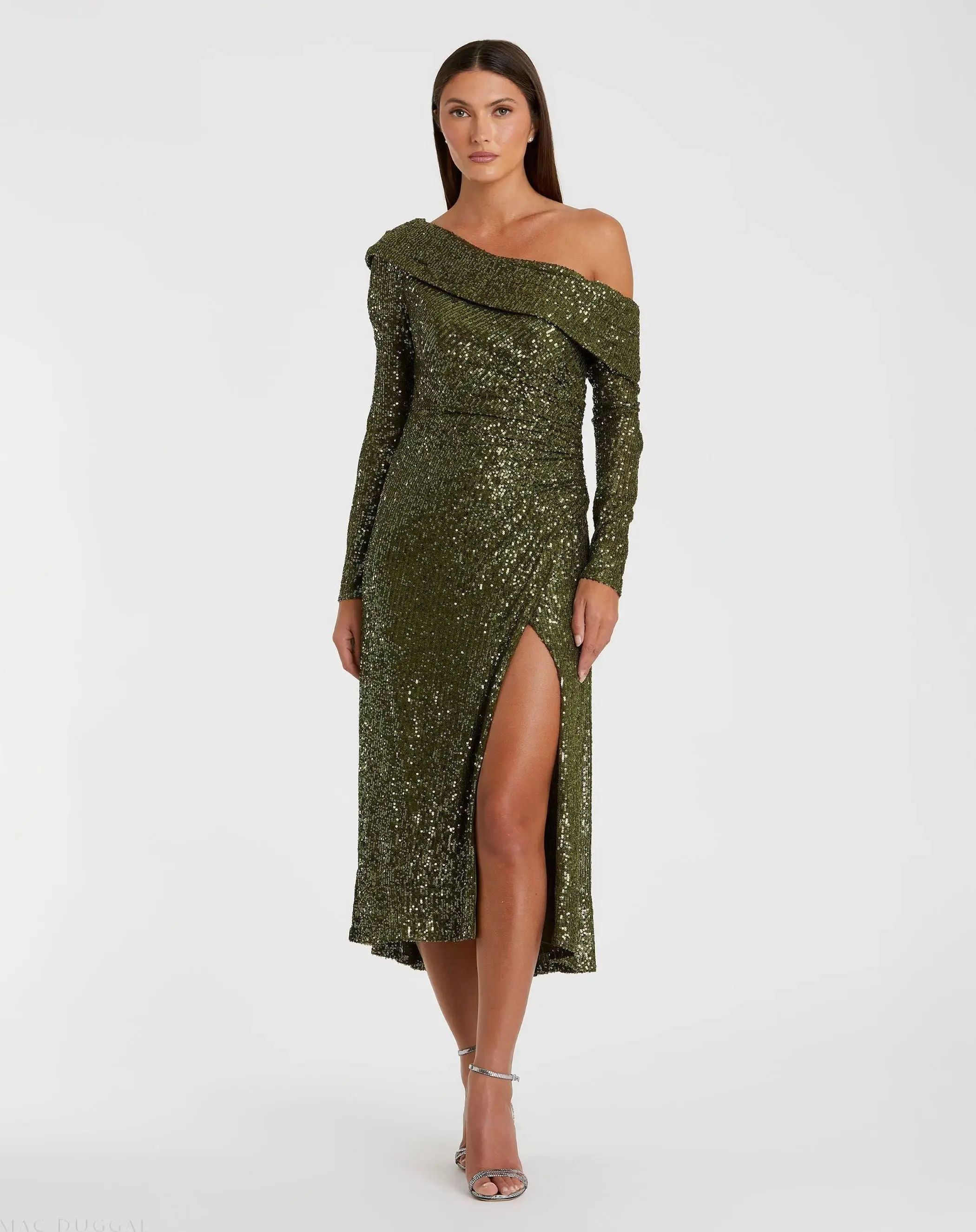 One Shoulder Sequin Long Sleeve Midi Dress - Image 2