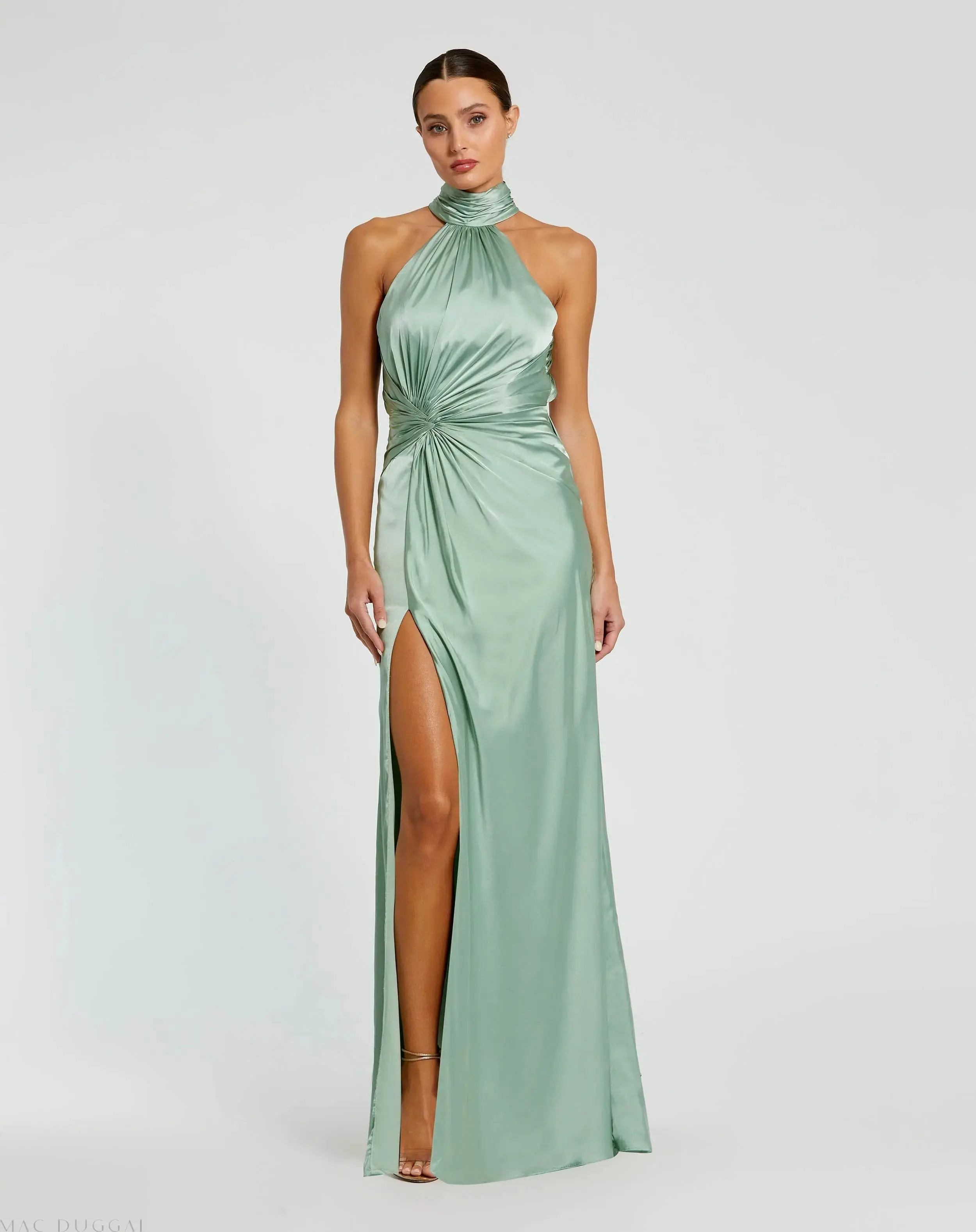 Green Sleeveless Open Back Satin Gown