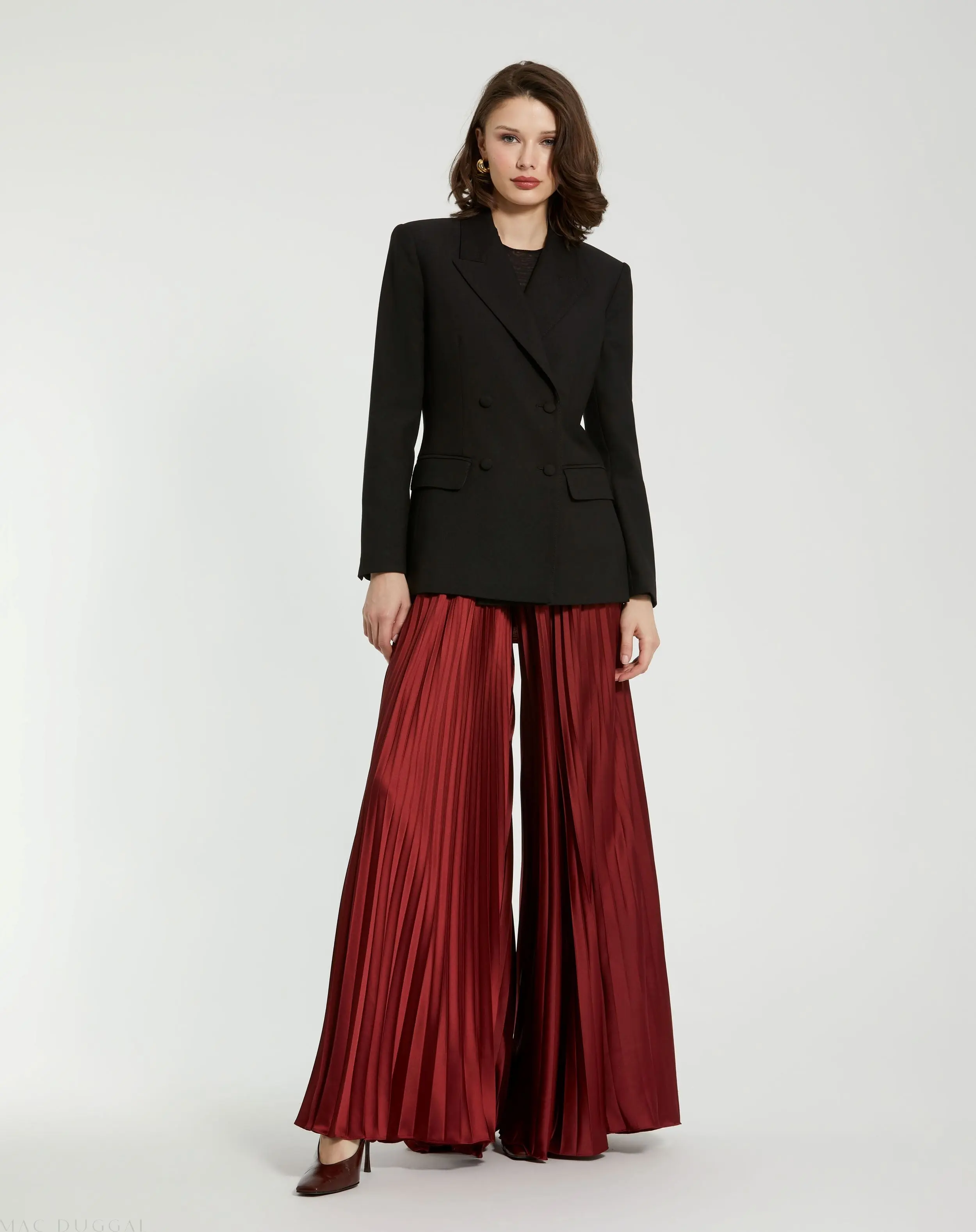 Red Pleated Charmeuse Wide Leg Pants - Image 3