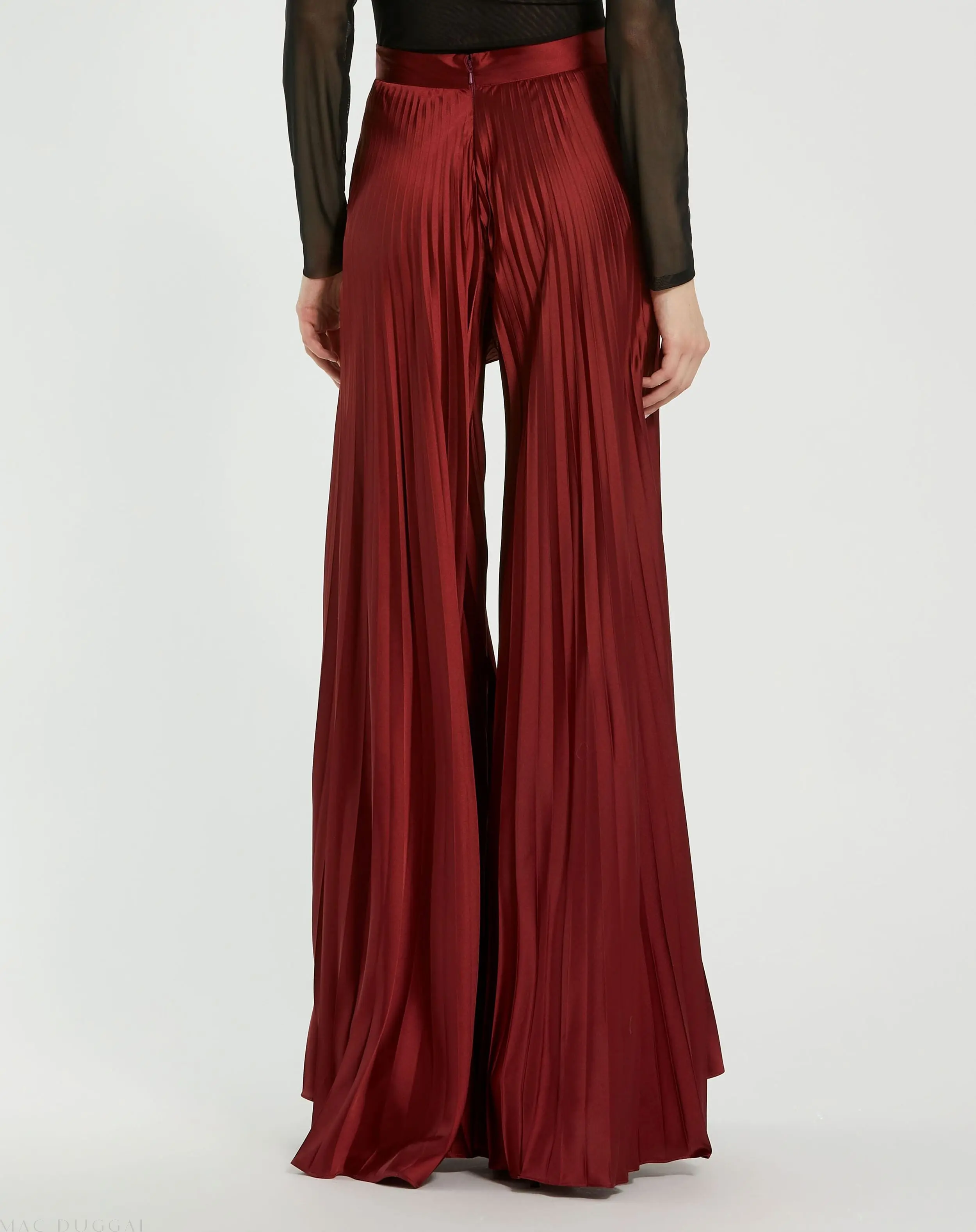 Red Pleated Charmeuse Wide Leg Pants - Image 4