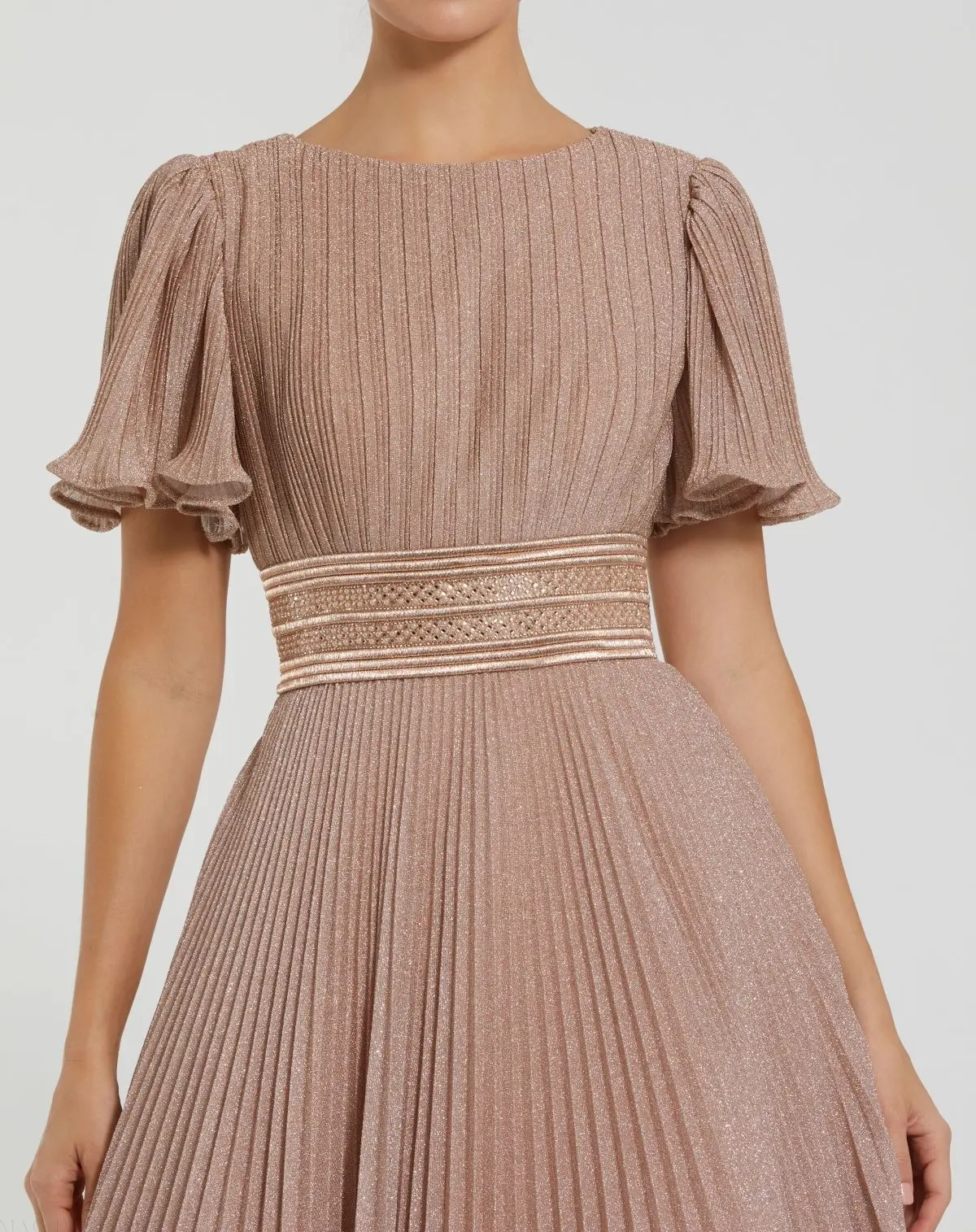 Pink Pleated Shimmering Flutter Sleeve Ball Gown - Image 2