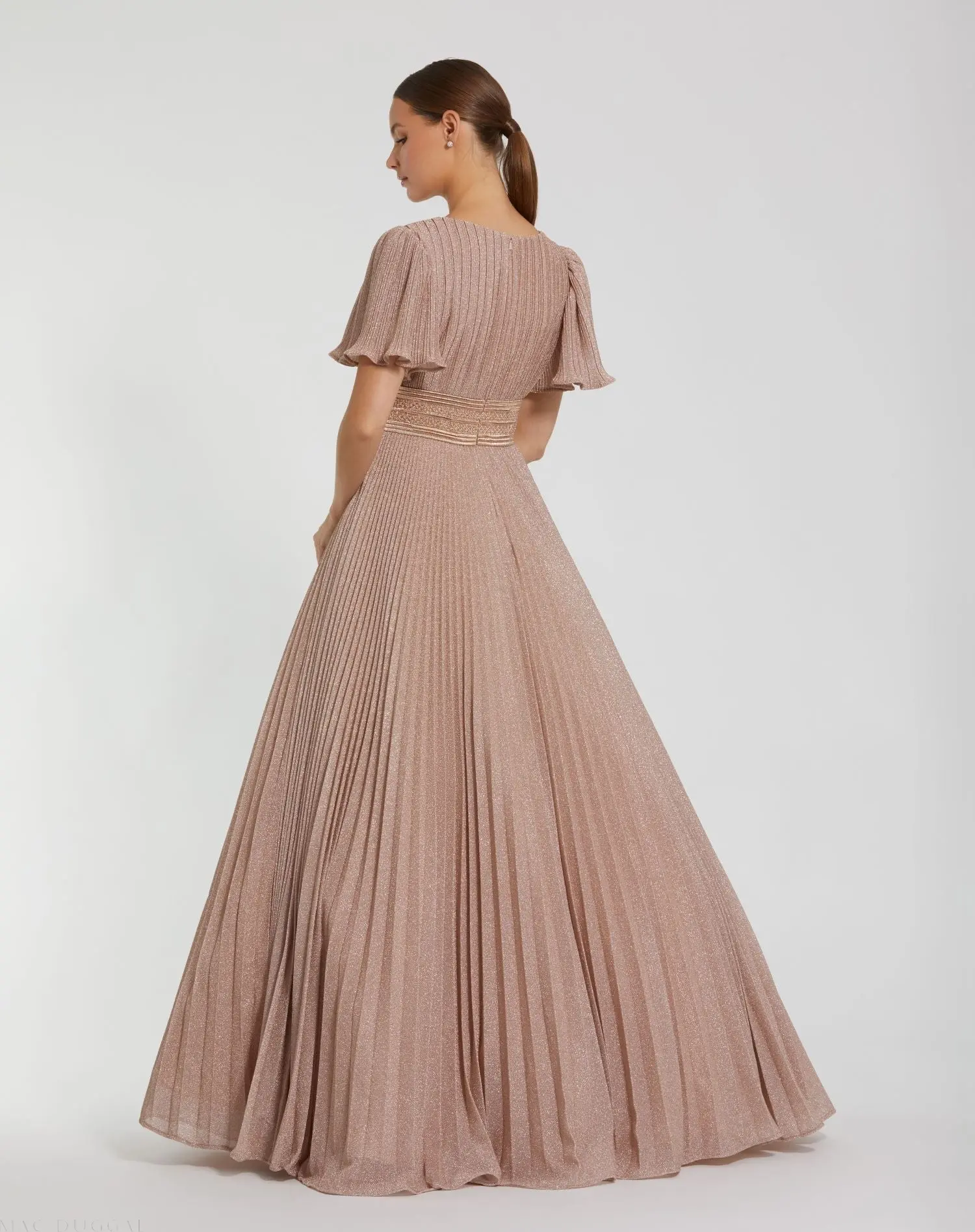 Pink Pleated Shimmering Flutter Sleeve Ball Gown - Image 3