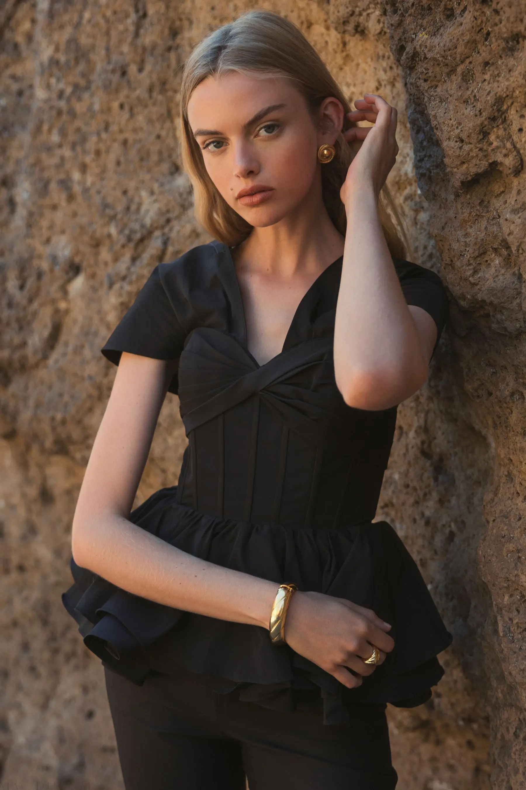 Black Faille Twist Bustier Peplum Top - Image 6