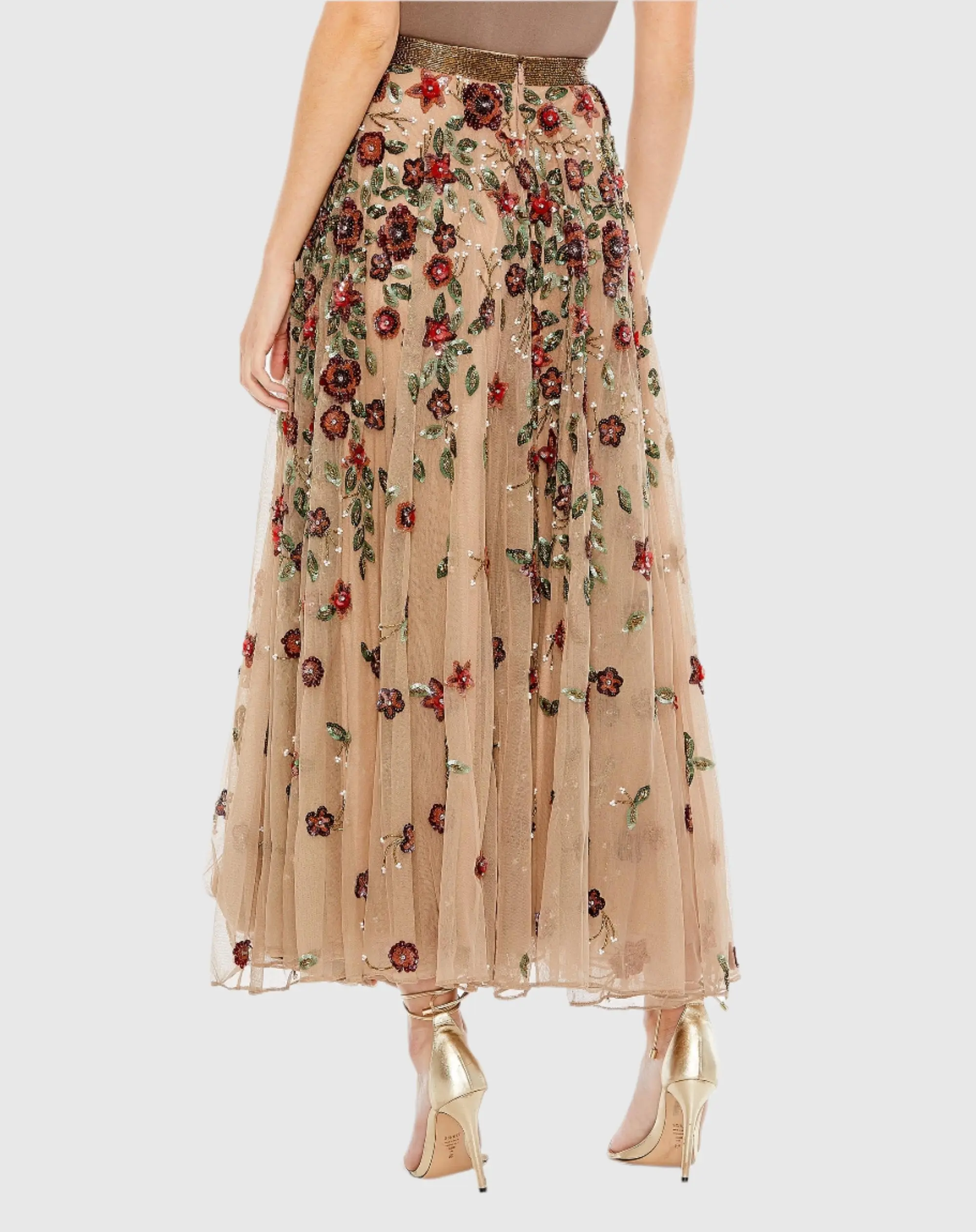 Beige Floral Beaded Long Chiffon Skirt - Image 3