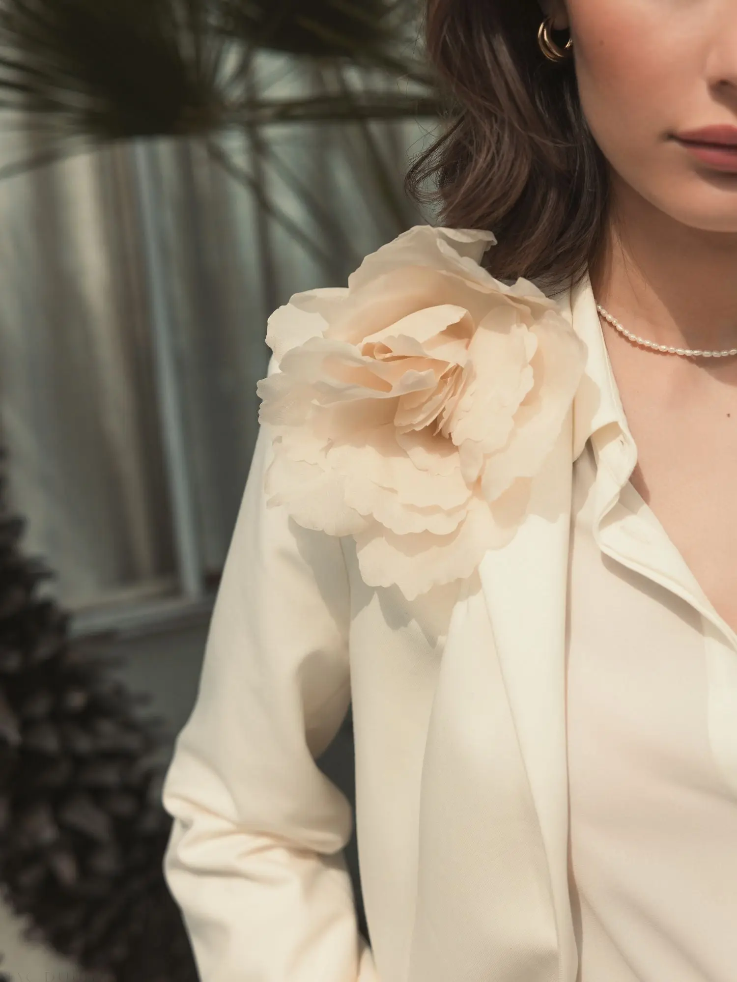 Ivory Classic Crepe Blazer Jacket With Flower - FINAL SALE - Image 7