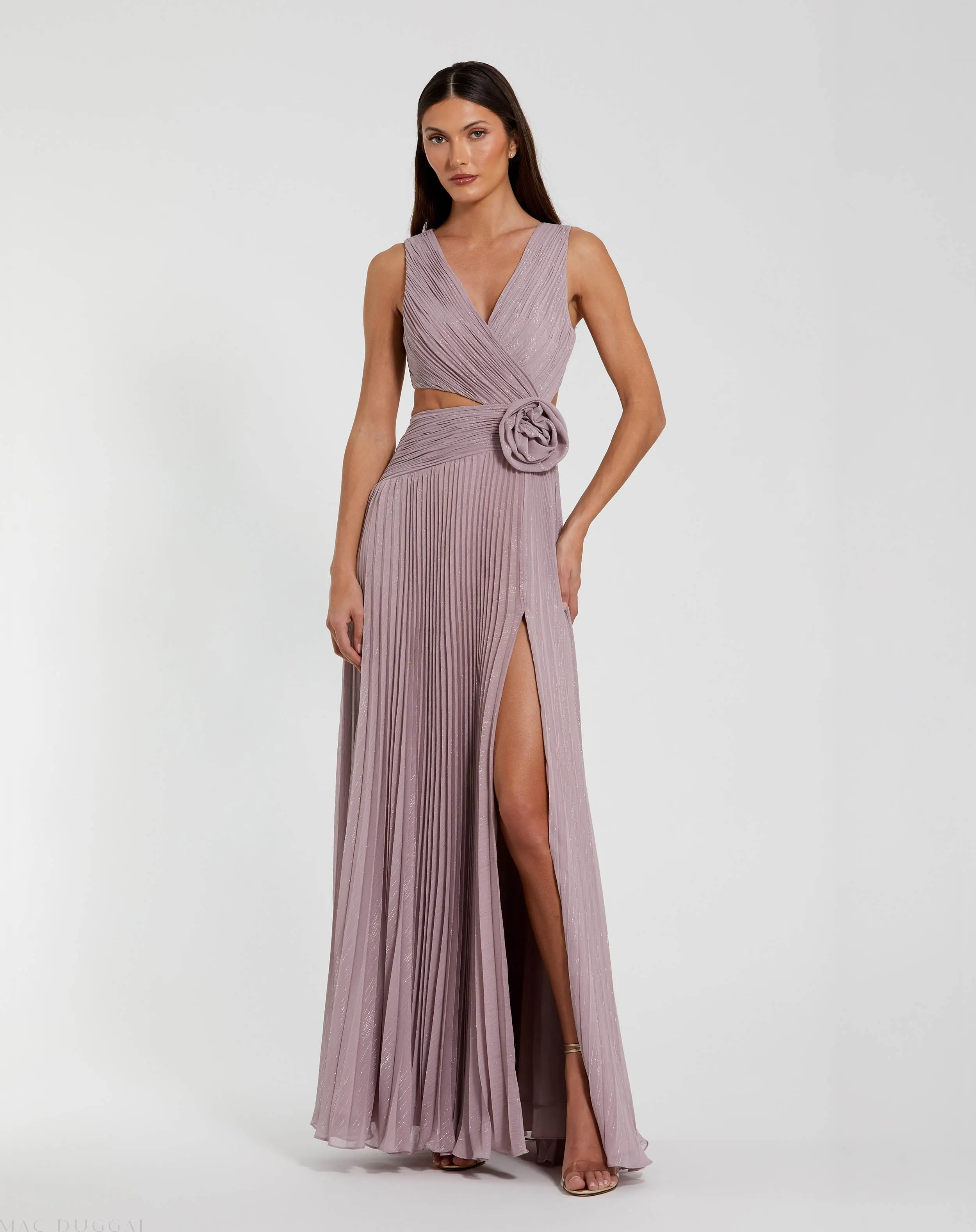 Ruched Chiffon Sleeveless Gown With 3D Flower - Image 2
