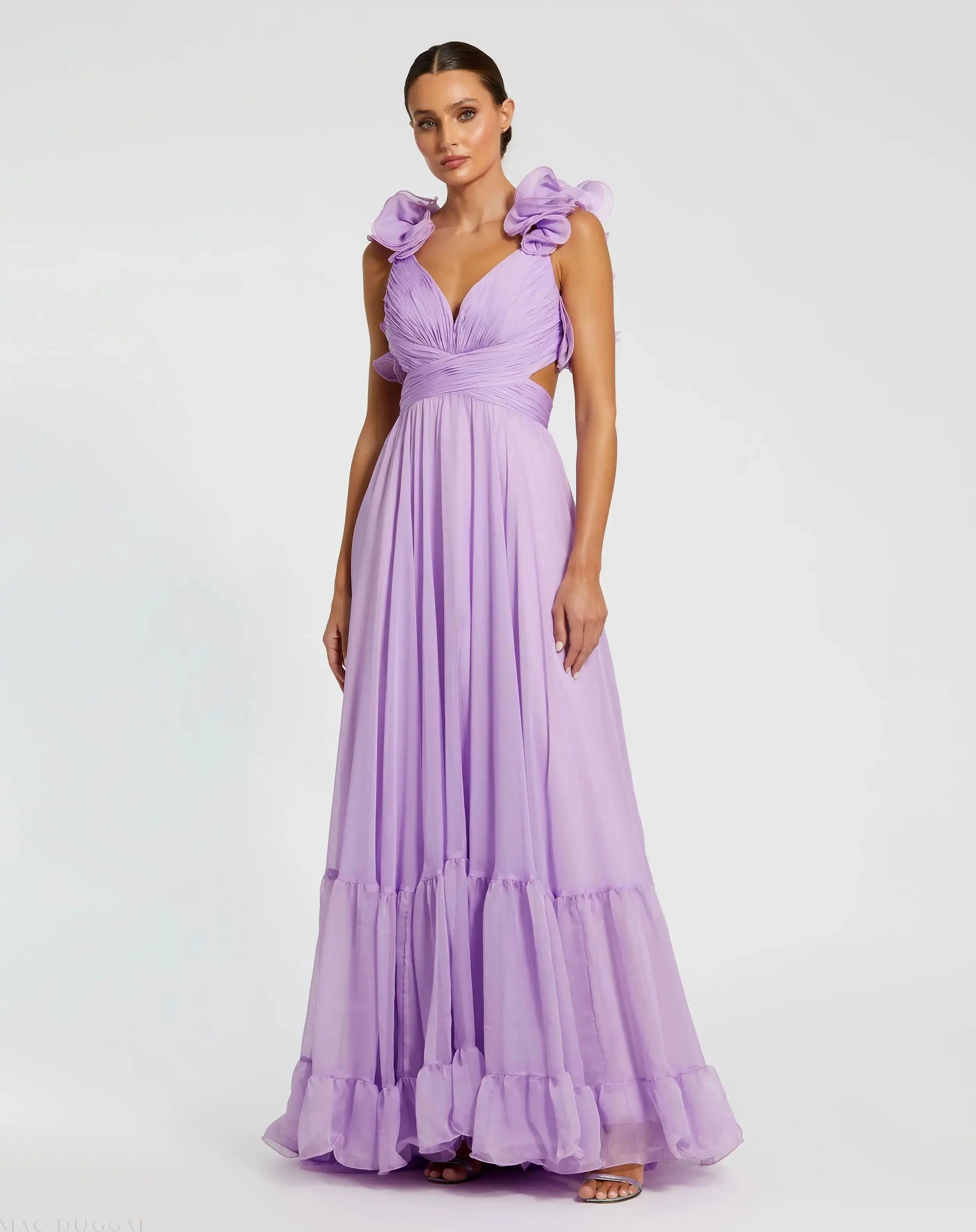 Ruffle Tiered Cut-Out Chiffon Gown