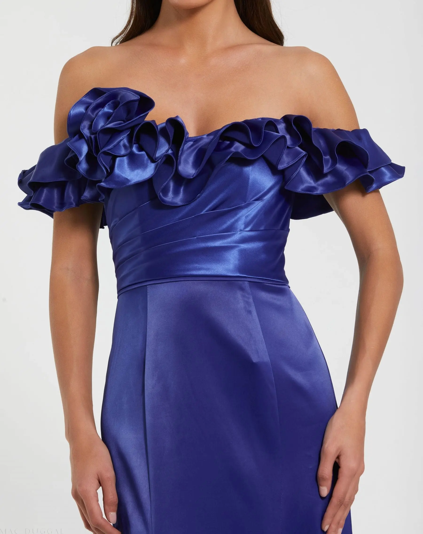 Blue Satin Ruffle Off the Shoulder Mermaid Gown - FINAL SALE - Image 2