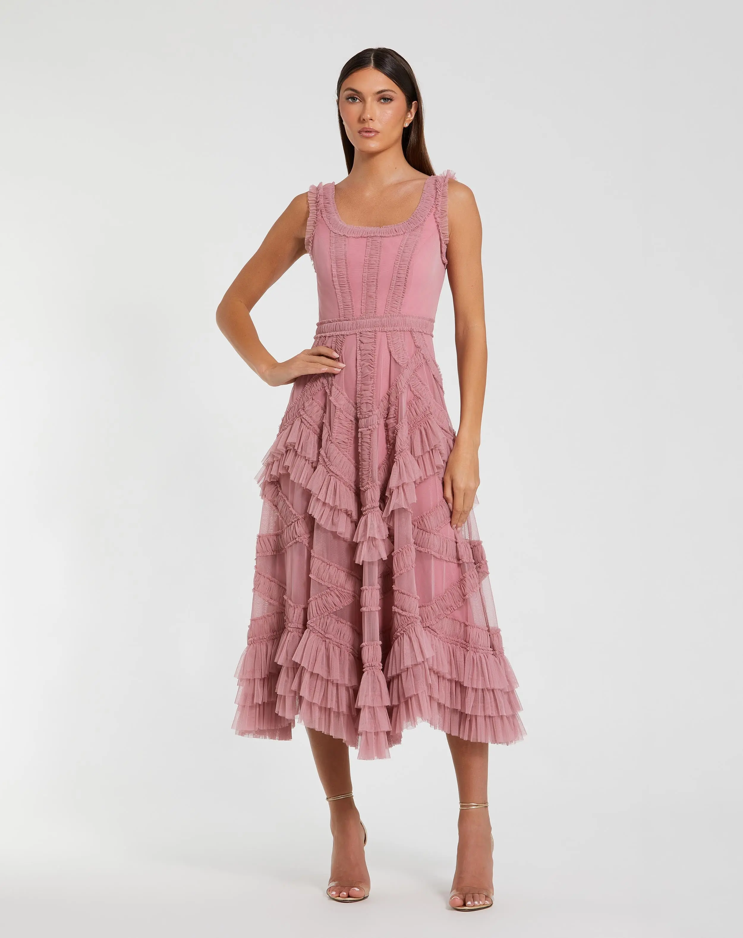 Scoop Neck Sleeveless A-Line Ruffle Midi Dress - Image 3