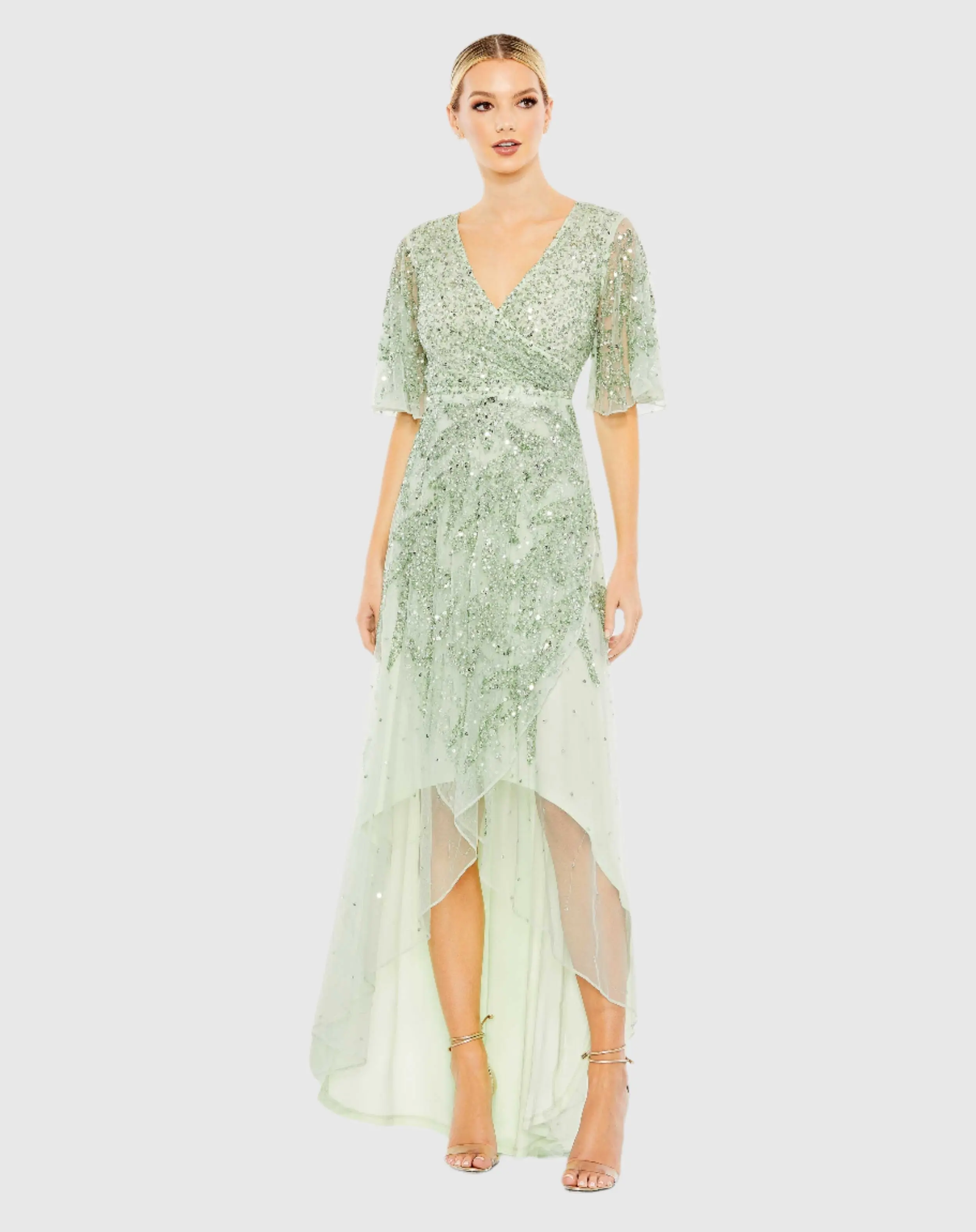 Sequined Butterfly Sleeve High Low Gown - Image 2