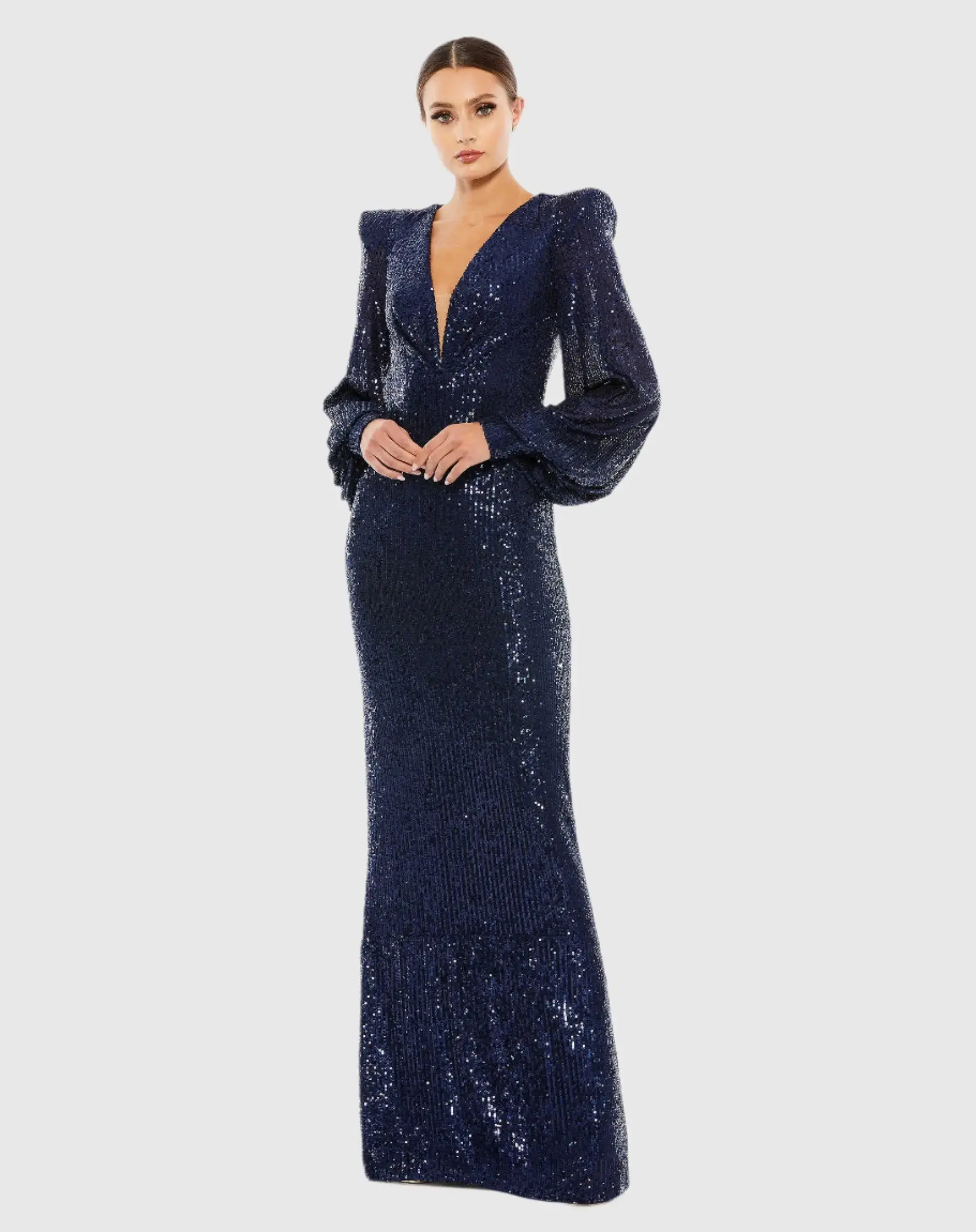 Sequined Plunge Neck Structured Bishop Sleeve Gown - Image 2