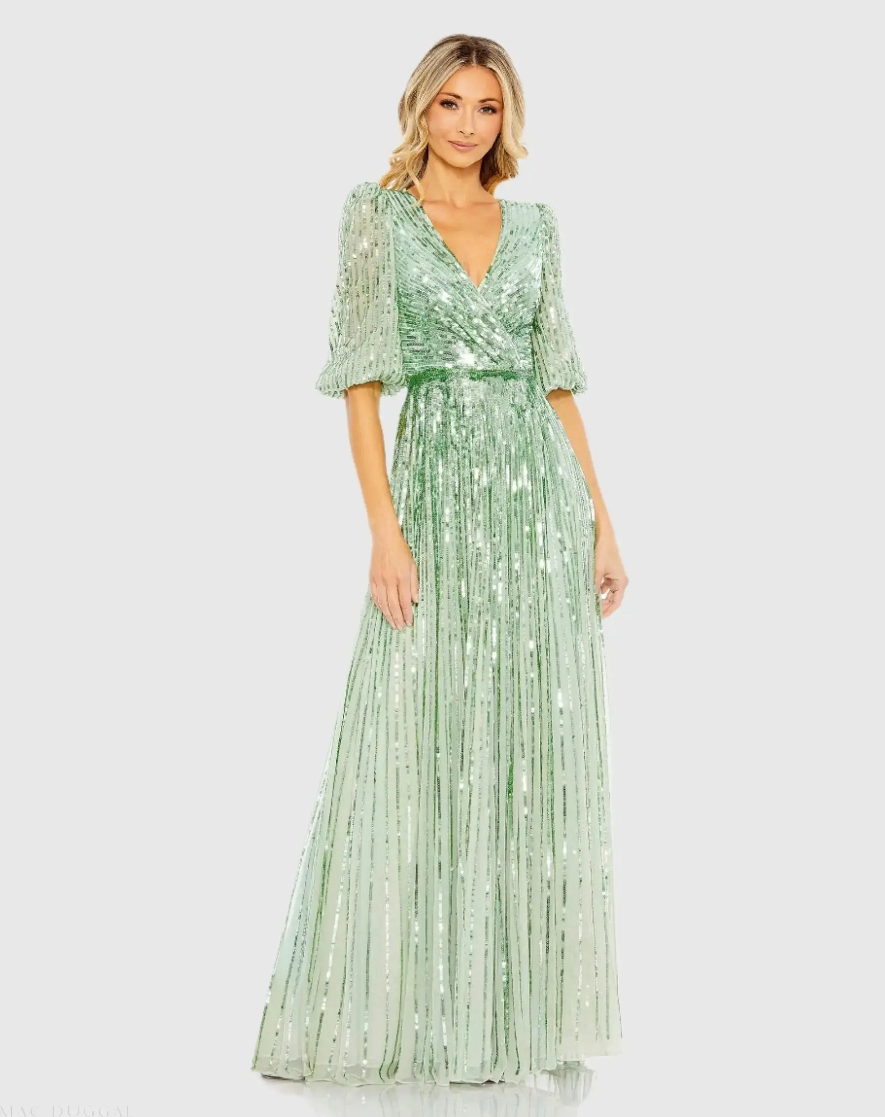 Sequined Wrap Over 3/4 Sleeve Gown - Image 5