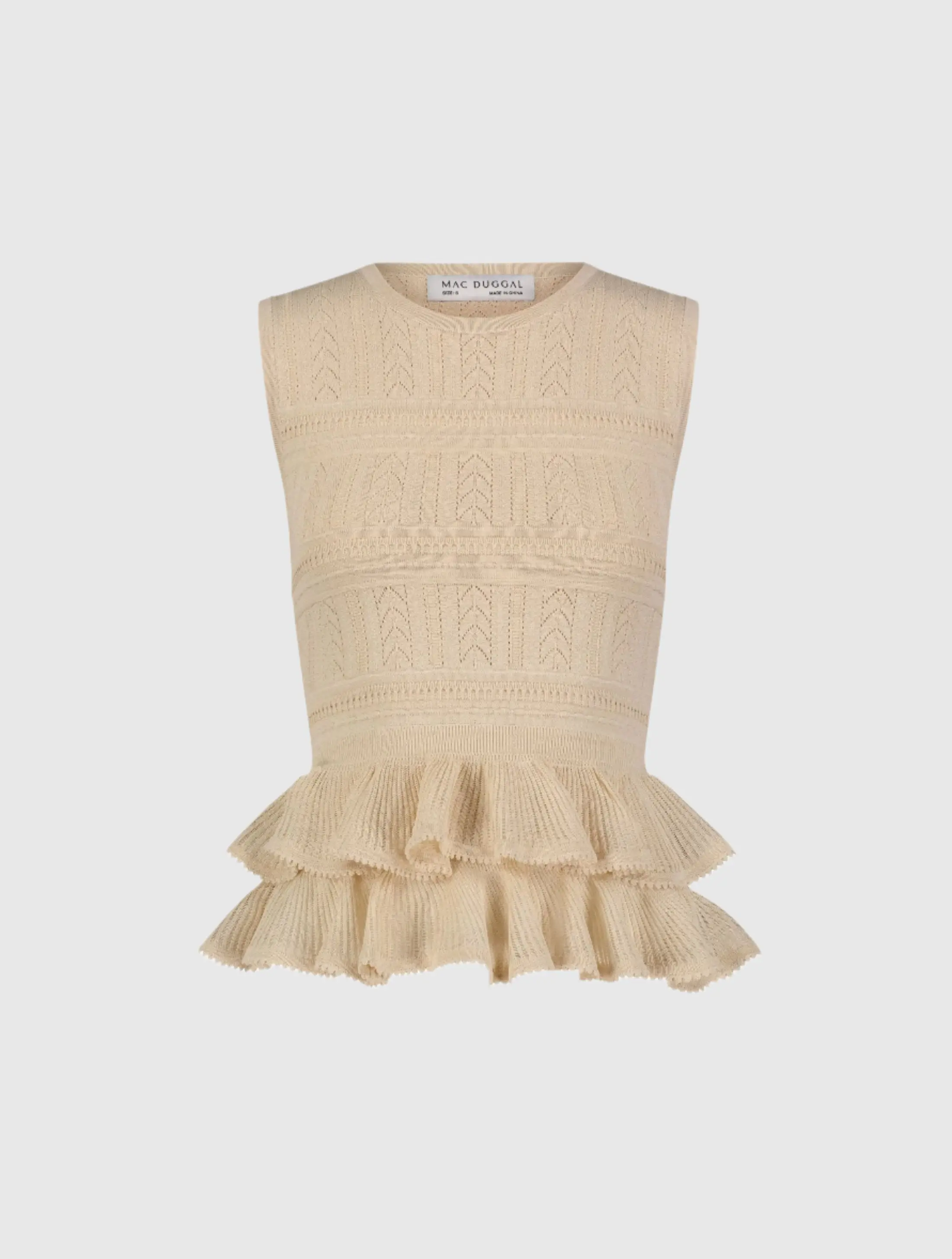 Beige Sleeveless High Neck Knit Top With Ruffle Hem - Image 2