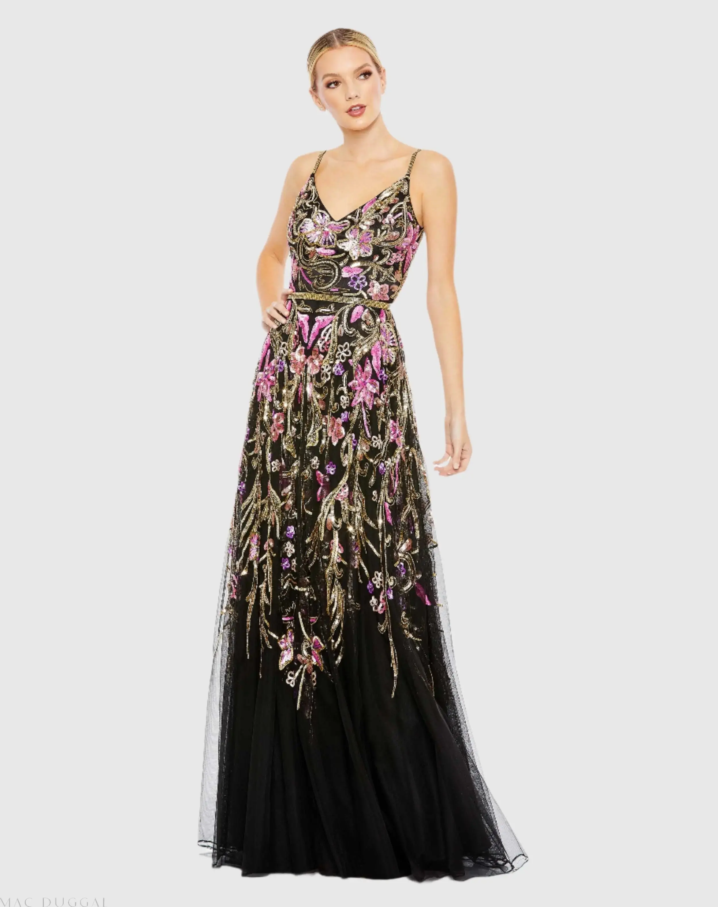V Neck Floral Embellished Spaghetti Strap Gown - Image 2