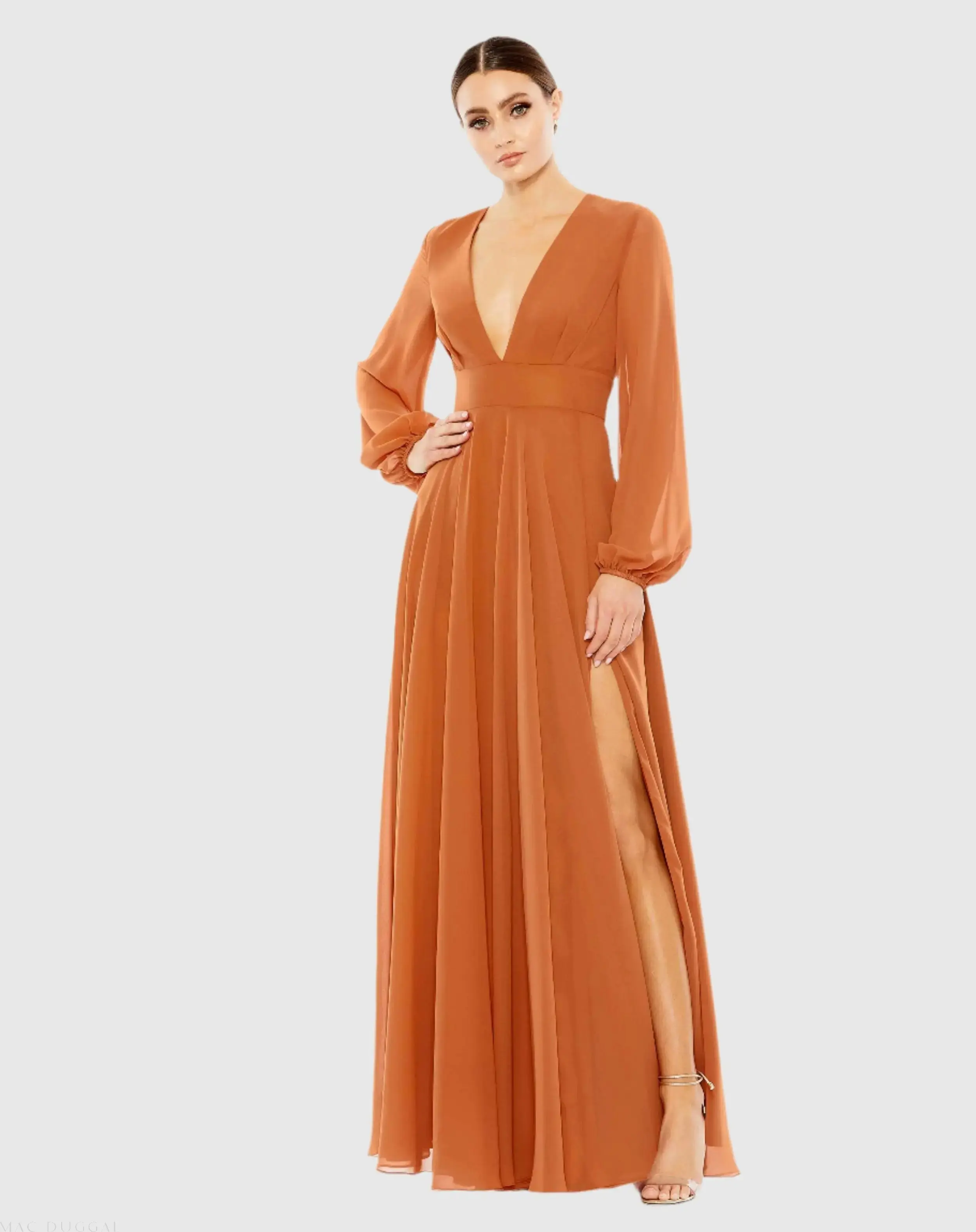 V-Neck Illusion Long Sleeve Chiffon Gown - Image 3